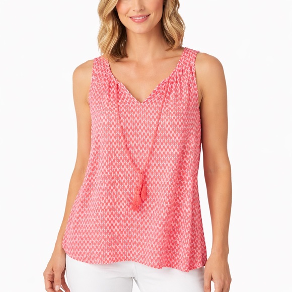 STYLUS Tops - Stylus Dubarry Coral White Tassel Tie Sleeveless Rayon Blouse
